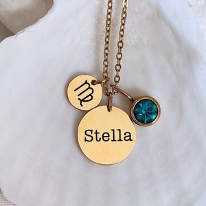 Collar con piedra de nacimiento del zodíaco, colgante con nombre del signo del zodíaco, joyería de constelación personalizada, disco del horóscopo, regalo de cumpleaños para hija
