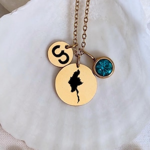 Collar con mapa de Myanmar, dije con letra y piedra natal de Birmania, colgante con gema de nacimiento de dos discos, joyería con mapa de país personalizado, regalo para mujeres birmanas