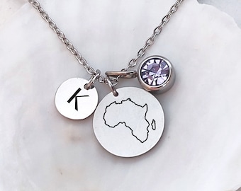 Personalized Africa Map Necklace, Two Disc Birth Stone Letter Pendant, Custom Africa Jewelry, Native African Gift