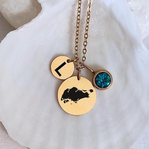 Collar personalizado con mapa de Singapur, colgante con piedra natal y letra, dije con piedra natal de varios discos, joyería personalizada con el país, regalo de Singapur