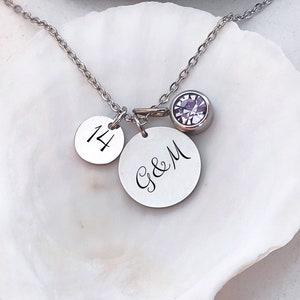 Regalo para el 14.° aniversario de bodas para esposa, collar con dos letras en forma de disco, colgante inicial con piedra de nacimiento, regalo para el 14.° aniversario de bodas para esposa y alma gemela