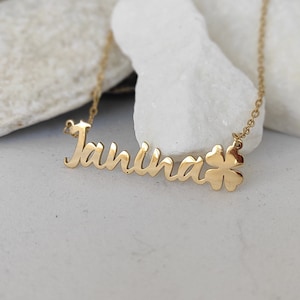 Gold Plated Four Leaf Lucky Clover Name Necklace, Personalized Name Plate Necklace with 4 Leaf Luck Clover, Shamrock Necklace, Gift For Luck