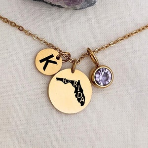 Florida staat ketting naam letter bedel initiaal geboortesteen hanger twee schijf kaart ketting aangepaste landkaart sieraden verjaardag Homeland cadeau