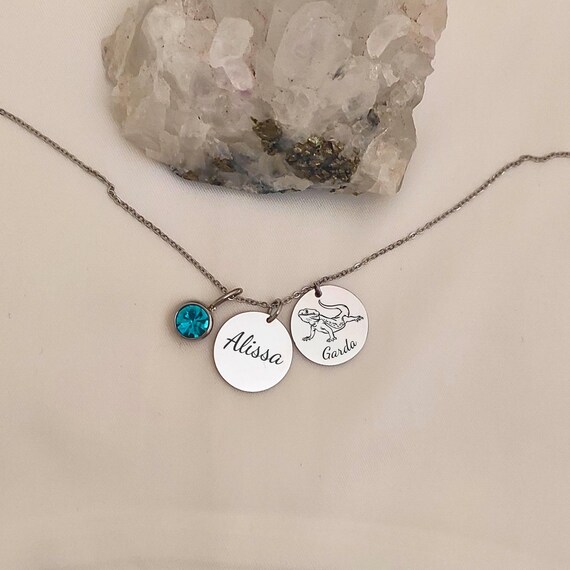 Bearded Dragon Name Necklace, Custom Birthstone Pendant, Bearded