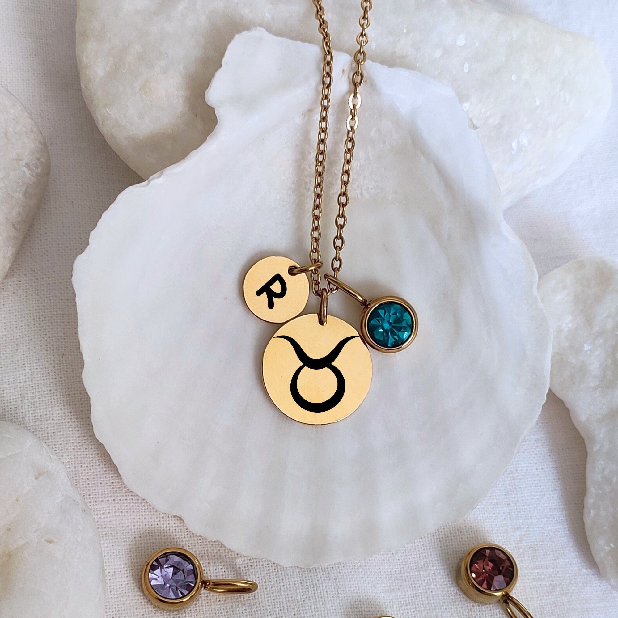 Gold Taurus Necklace, Letter Birthstone Charms, Constellation