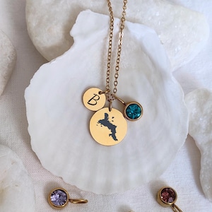 Colar com mapa das Seicheles, pingente com letra inicial, pingente com pedra de nascimento em forma de disco, mulher com nacionalidade seichelense, joias personalizadas das Seicheles