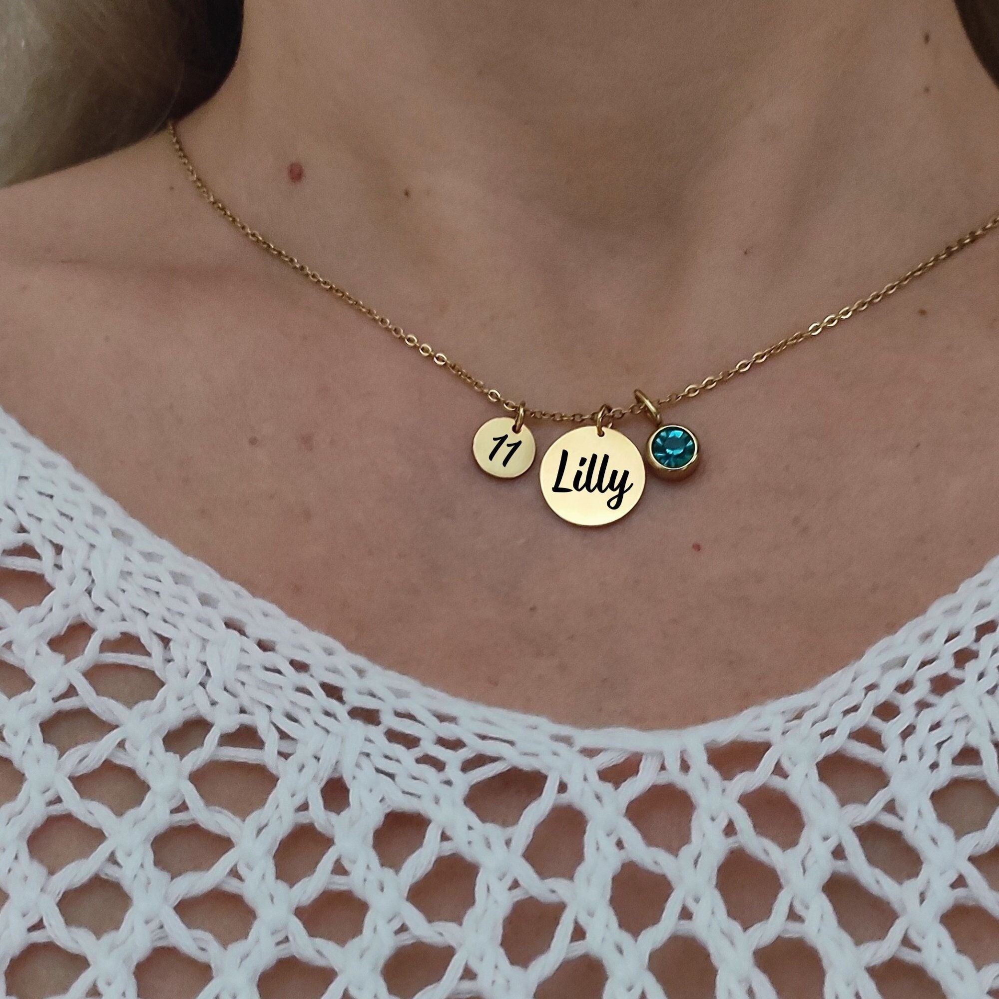 Personalized 11th Birthday Necklace, Name Disc, Birthstone Charm, Bday Gift For 11 Year Old Girl, Happy 11th, Birth Stone Jewelry