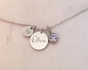 Personalized 14th Birthday Gift, Name Disc Charm Birthstone Necklace 14th Birthday, Gift For 14 Year Old Girl, Happy 14th Birthday