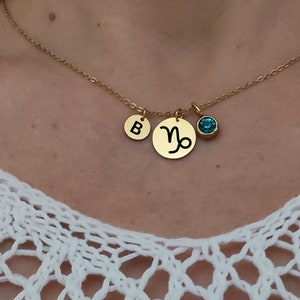 Collar de Capricornio, colgante con el signo lunar del zodíaco, dije con letra de piedra de nacimiento, joyería de constelación, disco del horóscopo, regalo de cumpleaños para hija