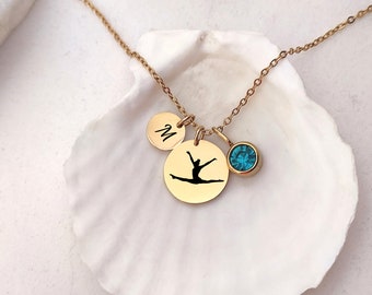 Initial Gymnastic Disc Necklace Birthstone Sport Symbol 14K Gold Two Coin Pendant Mini Letter Birth Stone Jewelry Rythmic Gymnast Gift
