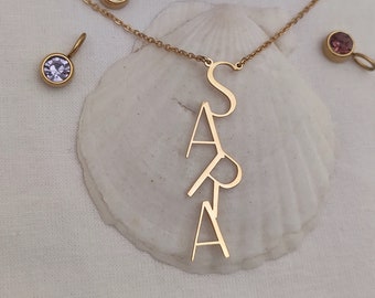 Dangle Calligraphy Name Necklace, 18k Gold Plated Vertical Nameplate, Big Letter Title Pendant, Custom Initial Jewelry, Drop Name Charm