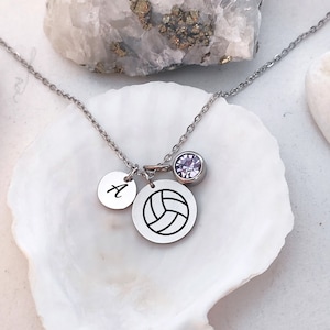 Collar con letra de voleibol, piedra de nacimiento inicial, colgante de piedra de nacimiento de dos discos personalizado, regalo para voleibolista, regalo para entrenador de voleibol