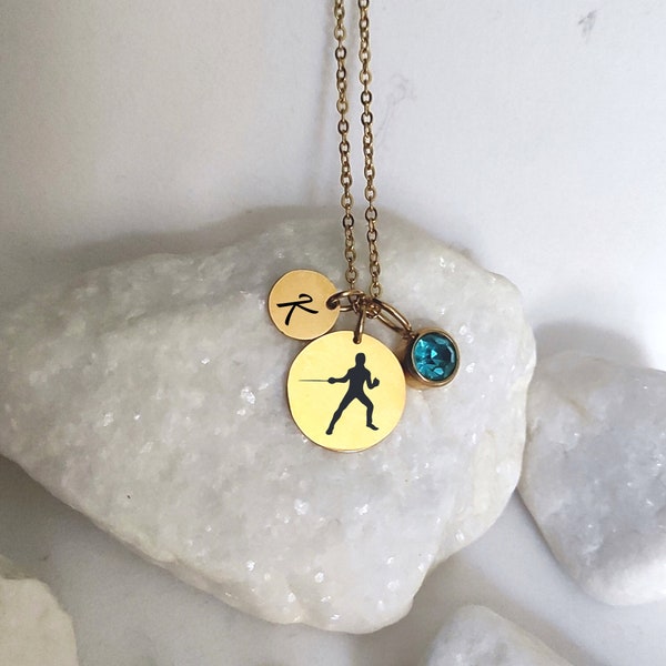 Fencing Initial Birthstone Necklace, Fencing Sabre Letter Pendant, Fencer Player Gift, Fencing Coach Gift, Fencing Jewelry