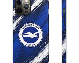 May include: A smartphone case featuring a blue and white diagonal brushstroke pattern. The center displays the Brighton & Hove Albion circular logo with a white seagull on a blue background and the text Brighton & Hove Albion.