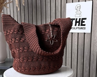 Handmade Cinnamon Macrame Shoulder Bag: Crochet Polyester Bag