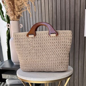 Beige Color Hand-knitted Crochet HandBag, Purse Polyester Macrame Bag for Women, Women Top Handle Bags with Wooden Handles