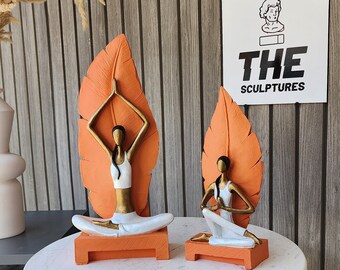 Yoga Statue Set: Hand-Painted Woman with Leaf Accent