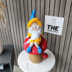 DWARF sitting on a mushroom, Giant Dwarf on a Mushroom, Cute Dwarf Statue, Dwarf Decor for your Home, Dwarf Figurine, Colorful Dwarf Statue