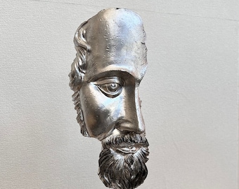 Hand-Painted Half Face Zeus Statue: Black and Silver Polyester Sculpture