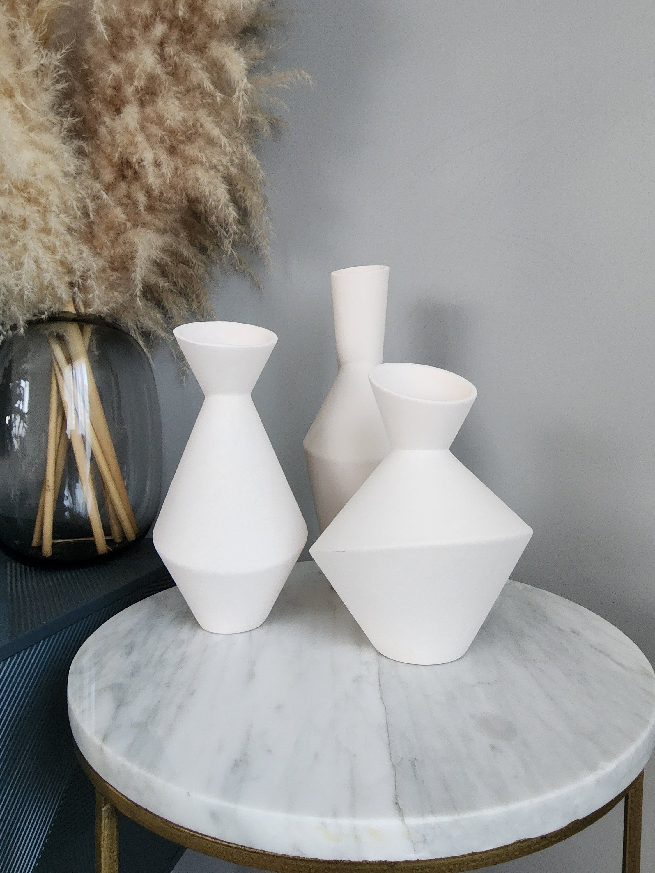 Contemporary White Ceramic Unique Geometric Shaped Table Vase Flower Holder