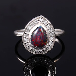 Pear Black opal ring, Unique opal engagement ring with halo diamonds and opal Gemstone Ring for Women, October Birthstone Ring, Gift for Her