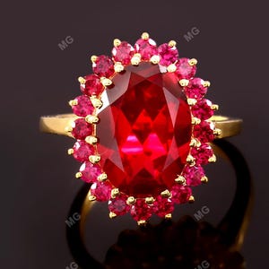 Modern Halo Garnet & Ruby Engagement Ring,9*13 mm Oval Cut Genuine Red Garnet Red Gemstone Ring Ruby Diana Ring, July Birthstone Gift Women.