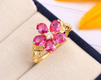 Pink Tourmaline Flower Ring in Silver and Gold Plated I Stackable Gemstone Tourmaline Cluster Promise Ring Anniversary Birthday Gift For Her