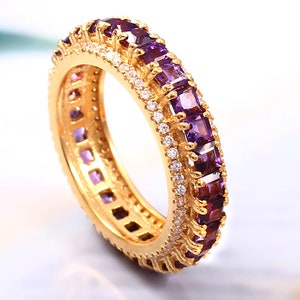 Full Eternity Amethyst Wedding Band Ring, Halo Women&#39;s Wedding Band Ring, Cushion Ring, Diamond Wedding Band, Gemstone Ring, Gift For Women.