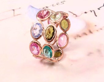 Multi Tourmaline Gemstone Ring, Multi Colorful Stone Ring,14k Rose Gold Solid Silver Ring, Double Eternity Band Ring, Personalization Gifts