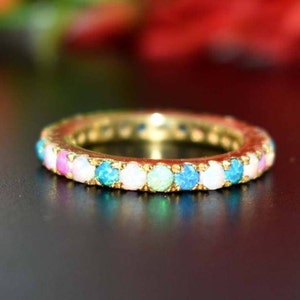 Color Opal Eternity Wedding Band For Women Wide 3mm 925 Silver Multi Color Opal Band, Opal Rainbow Ring, Color Change Ring, Pride Ring Gift.