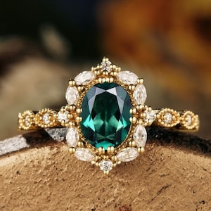 Vintage Emerald Engagement Ring Oval Cut 925 Silver Ring Engagement Ring Halo Marquise Diamond Moissanite Wedding Ring Promise Ring For Her.