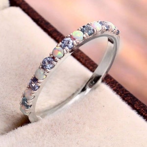 Aquamarine  Opal Eternity Band Ring, Opal & Aquamarine Ring, Opal Wedding Band,Aquamarine Opal Ring,Opal Eternity Ring, Sterling Silver Ring