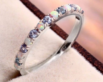 Aquamarine  Opal Eternity Band Ring, Opal & Aquamarine Ring, Opal Wedding Band,Aquamarine Opal Ring,Opal Eternity Ring, Sterling Silver Ring