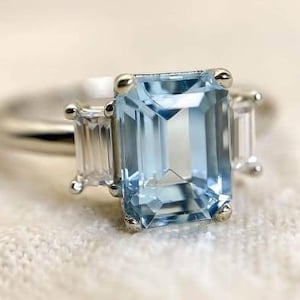 Blue Gemstone Ring Emerald Cut Aquamarine Wedding Ring Cluster Diamond  Ring Gemstone Diamond Engagement Handmade Fine Jewelry Gift For Her.