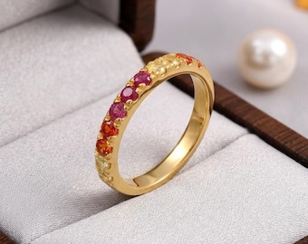 Rainbow Sapphire Wedding Band 14K Gold Half Eternity Ring Multi Sapphire Stackable Ring Anniversary Gift For Her
