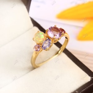 Natural Gemstone cluster ring Opal Alexandrite Amethyst ring mix stone cluster ring 925 Silver ring Tourmaline cluster ring multi stone Gift