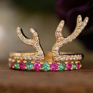 Ruby Emerald Moissanite Antler Ring, Woodland Engagement Ring, Colorful Gemstone Wrap Band, Rustic Boho Bridal Ring, Gold Horn Ring