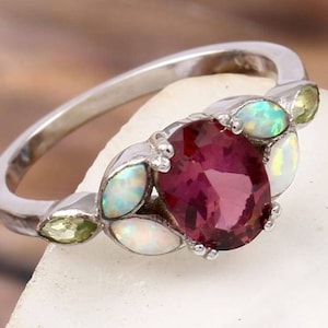 Oval Cut Pink Tourmaline engagement ring vintage Opal Peridot ring leaf ring Marquise opal wedding ring Art Deco Promise Anniversary rings.