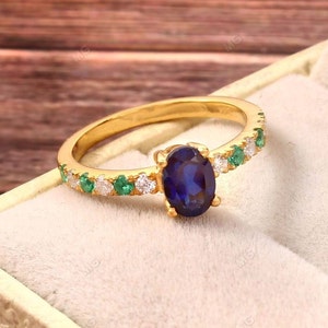 Oval Blue Sapphire Engagement Ring  14kGold Silver Unique Emerald Wedding Ring Blue Gemstone Ring September Birthstone Jewelry Proposal Gift