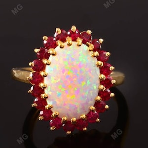 Unique Fire Opal Engagement Ring Natural Garnet Ring 14k Gold Solid Silver Opal Ring Women Unique Ring Cluster Ring Art Deco Ring for Her.