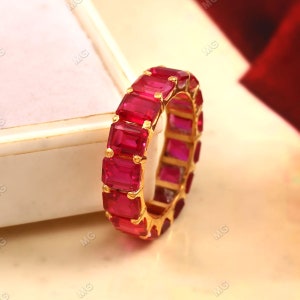 Lab Created Ruby Eternity Band For Women Emerald Cut Gemstone Silver Band Engagement Ring Wedding Band Anniversary Gifts July Birthstone.