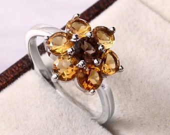 Smoky Quartz Citrine Flower Ring Sterling Silver Sunflower Engagement Ring Nature Inspired Vine Wedding Anniversary Jewelry for Women Ring.