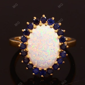 Vintage Opal & Blue Sapphire Ring 925 silver Art Deco Bridal Ring September Birthstone Women Diana Engagement Ring Gift For Anniversary Gift