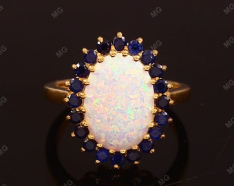 Vintage Opal & Blue Sapphire Ring,Matching 925 silver Art Deco Bridal Ring,September Birthstone Women Diana,Engagement Ring Gift For Her.