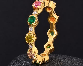 Natural Colored Tourmaline & Moissanite Ring, Rainbow Band Ring 14K Yellow Gold Dainty Ring, Multi Gemstone Wedding Band, Full Eternity Band