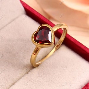 Natural Heart Shape Garnet Engagement Ring, 14k Gold Garnet Ring, 925 Sterling Silver Ring For Women, Stacking Ring, Birthday Gift Girl Ring