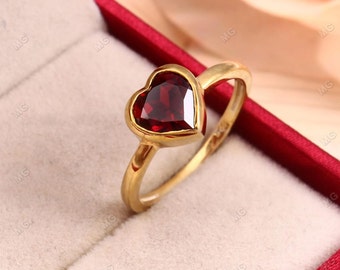 Promise Natural Garnet Solitaire Ring Heart Cut Red Gemstone January Birthstone Ring Christmas Garnet Wedding Engagement Bridal Promise Ring
