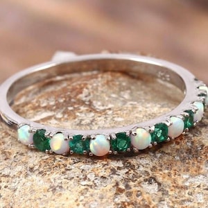 Opal ring vintage emerald ring Sterling Silver Half eternity emerald wedding ring band May birthstone matching stacking ring jewelry gift