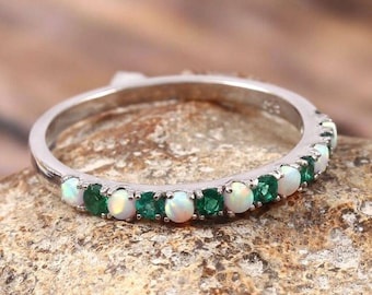 Opal & Emerald Band, Half Eternity Band Silver Ring, Half Matching Band, Gift For Her, Promise Gift For Her Matching Band Emerald Opal Gift.
