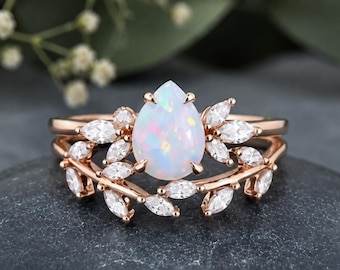 Pear Opal Ring Set, Opal Engagement Ring, Opal Bridal Set, White Opal Wedding Ring Nature Inspired Leaf Wedding Band October Birthstone Gift